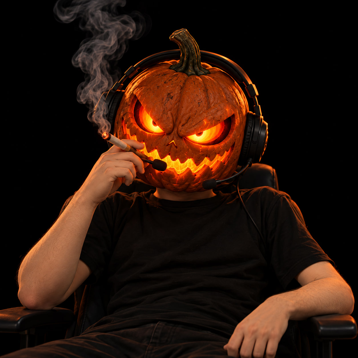 Chaotic Degen: a man in a black t-shirt slouched in a gaming chair, his head a carved jack-o'-lantern with glowing eyes, wearing a headset and smoking